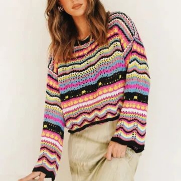 Cider Striped Loose Whimsigoth Style Bellsleeve Pullover Airy Sweater Medium - Picture 3 of 11